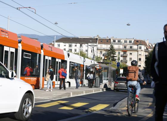 Image d'un tram tpg, vélos, véhicules en ville de Genève